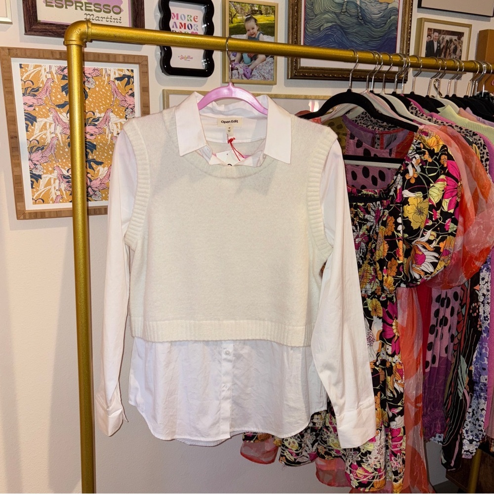 NEW OPEN EDIT Layered Sweater Vest Top Ivory - Picture 4 of 10